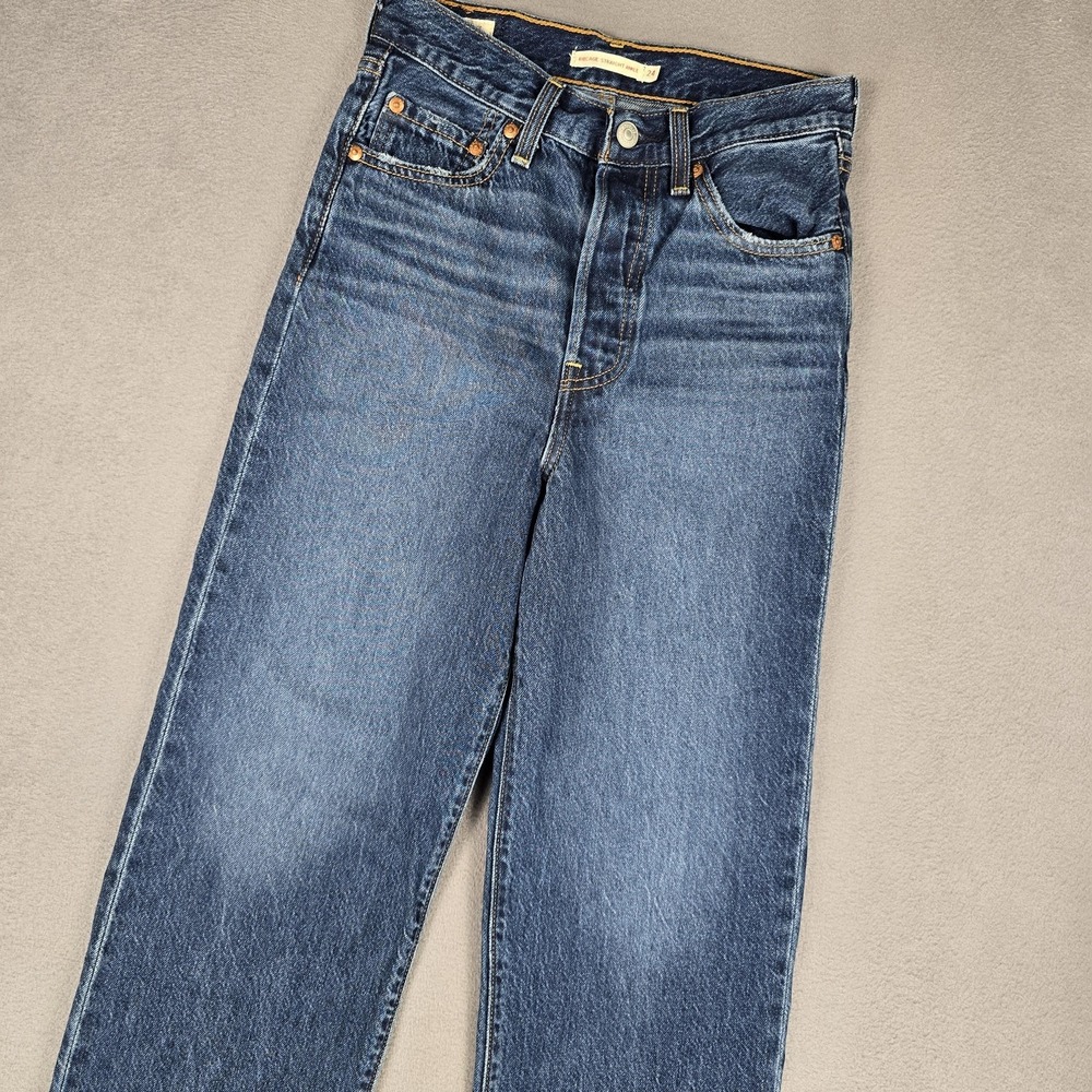 Levi's Premium Ribcage Straight Ankle Jeans Womens 24x26 Blue High Rise Raw Hem